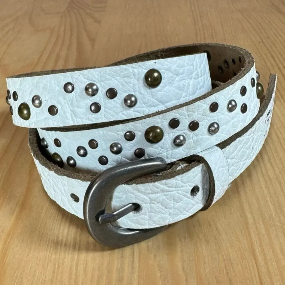 VTG Y2K Ed Hardy Womens Belt White Leather Studded Thin Handmade Grunge Large